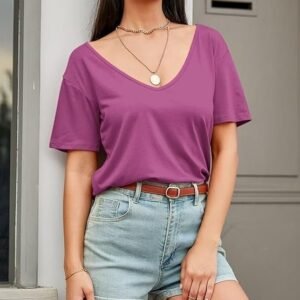 Eachyes Women's Deep V Neck Casual Short Sleeve Loose Fit Fashion T Shirt