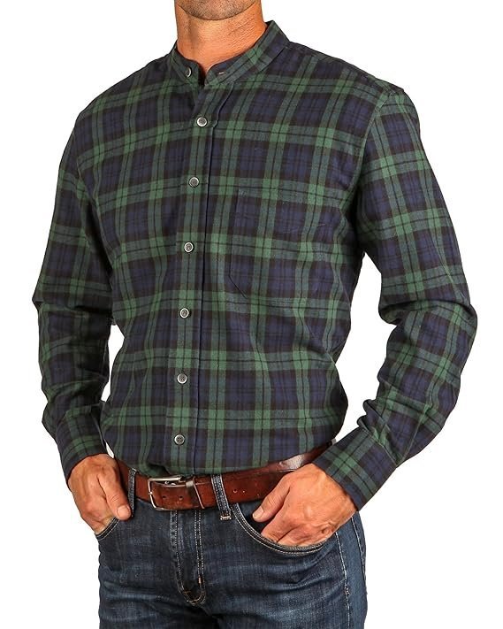 The Celtic Ranch Traditional Irish Grandfather, Men's Casual Long Sleeve Banded Collar Button Down Collarless Dress Shirt