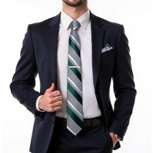 DiBanGu Men's Emerald Green Grey Striped Tie Silk Woven Necktie Pocket Square Cufflink Set Formal