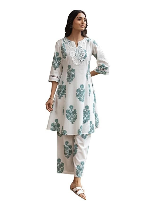 FIORRA Women's White Cotton Flared Kurta Set