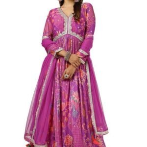 Soch Womens Purple Viscose Crepe Floral Print Gown with Gotta Patti