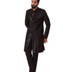 KISAH Men Black Embellished Indowestern Sherwani Trouser Set with Sequinned