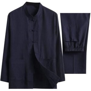 Men Cotton Linen Tai Chi Set Chinese Traditional Tang Suit Martial Arts Clothing Shirts Trousers Tai Chi Kung Fu Uniform Two Pieces Dark blue-Medium