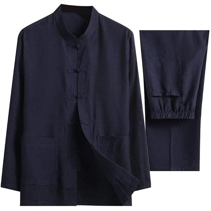 Men Cotton Linen Tai Chi Set Chinese Traditional Tang Suit Martial Arts Clothing Shirts Trousers Tai Chi Kung Fu Uniform Two Pieces Dark blue-Medium