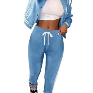 Fooullaide Women’s Varsity Jacket Sweatsuit 2 Piece Tracksuit Crop Top Button Down Letterman Jackets Pants Sets