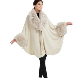 SUFCOMOU Women Cape Poncho with Fur Trim Winter Faux Fur Shawl Wrap Coat Sleeveless Cardigan Cloak