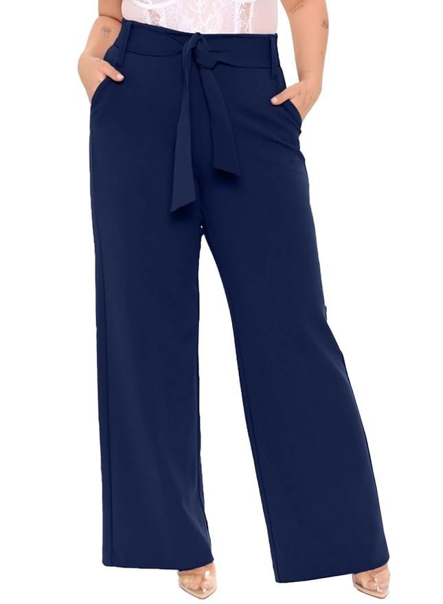 Plussclub Women's Trousers Plus Size Wide Leg Western Stylish Belted Palazzo Pants