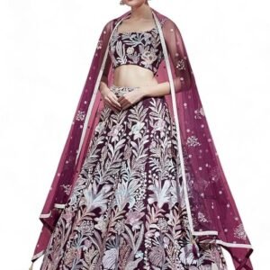 Zeel Clothing Women's Net Sequins Embroidered Soft Net Semi Stitched Lehenga Choli With Dupatta (6032-Wine-Wedding-Stylish-Lehenga-Choli-Latest; Free Size), Multicolor