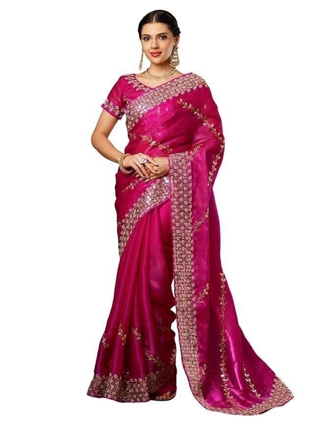 SIRIL Women's Tissue Silk Sequence Embroidery Scalloped Border Saree With Unstitched Blouse Piece