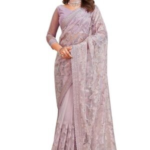 TRENDMALLS Women's Net Sequin Embroidery Zarkan Work Saree with Unstitch Blouse Piece
