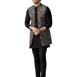 KISAH Men's Kurta Jacket Trouser Set, Multi Cotton Blend, Printed Regular Fit Mandarin Collar Long Sleeves