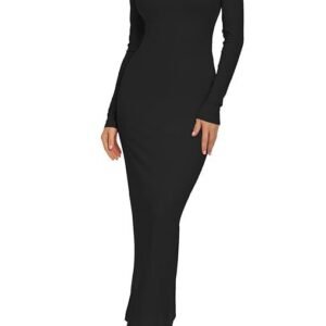 Relety Women's Bodycon Maxi Dresses Ribbed Long Sleeve Lounge Long Dress Square Neck Formal Casual Dresses for Women
