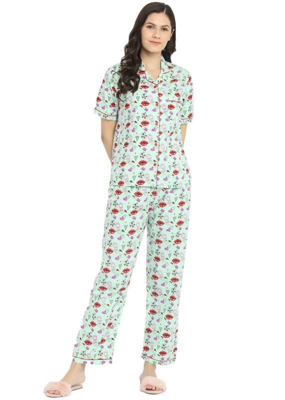 Shopbloom Pure Cotton Notched Collar Lips Don't Lie Print Short Sleeve Women's Night Suit Set with Pajama | Night Dress | Nightwear for Ladies