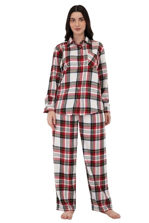 LUXELIV Women's Cotton Red and White Twill Check | Long Sleeve Shirt with Elastic Pyjama Set | Comfortable Fit Night Suit | Lounge Wear Sleepwear