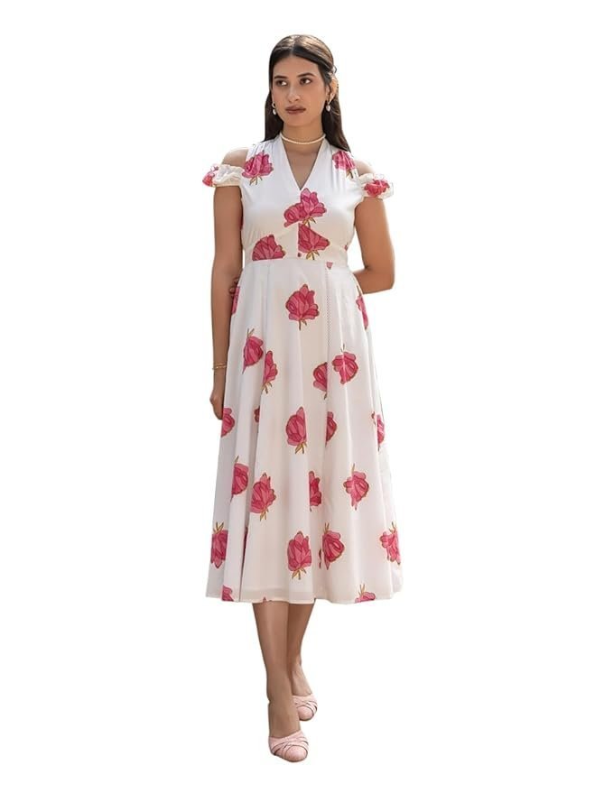FIORRA Women's White Floral Print Cotton Midi Dress
