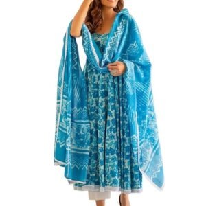 GoSriKi Women's Rayon Blend Printed Anarkali Kurta with Pant & Dupatta
