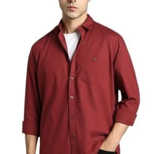 Louis Philippe Men's Textured Premium Cotton Slim fit Linen Blend Casual Shirt with Soft Hand Feel