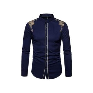 ZAFONI Men Shirts, Spring Style Solid Floral Embroidered Solid Dress Shirts Slim Fit Casual Long Sleeve Shirt