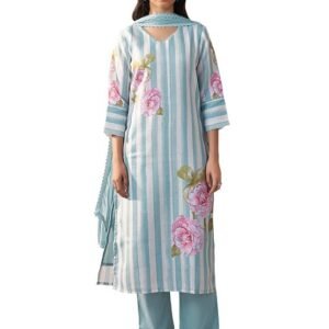 INDO ERA Women's Straight Linen Floral Print with Beads Work Kurta Pant with Dupatta Set