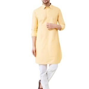 See Designs Men Cotton Solid Spread Collar Curved Hem Side Slit Full Sleeve Pathani Kurta with Pyjama