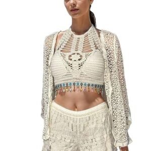 ICW Women's Leisure Boho Crochet Crop Halter Neck Top Backless Lace-up Low Rise Shorts Light Jacket Shorts Cardigan Suit Beachwear Bikini Set Three-Peice Swimsuit Co-ord Set
