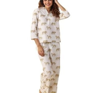 SAY Night Suit for Womens Printed White Pure Cotton Top with Trousers