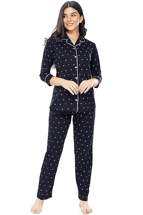 ZEYO Women's Cotton Heart Printed Night Suit set of Shirt & Pajama