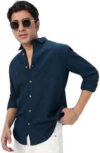 Urbano Fashion Men's Cotton Full Sleeve Regular Fit Textured Shirt with Spread Collar