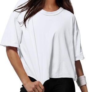 XIEERDUO Cotton Tshirts for Women Drop Shoulder Round Neck Oversized Crop Tops Workout Tops Tees