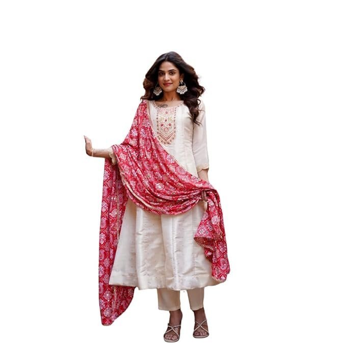 GEETHA CREATION Classic Red & Ivory Ethnic Dress for Women – Embroidered Silk Ensemble with Dupatta