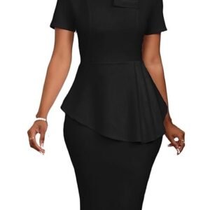 Women's Fashion Peplum Bodycon Short Sleeve Work Dresses Bow Club Ruffle Pencil Formal Cocktail Dress