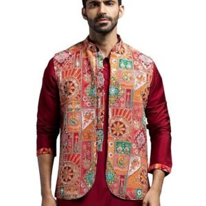 VASTRAMAY Men's Nehru Jacket | Allover Printed Embroidered Sequiend Nehru Jacket for Men | Perfect for Navratri