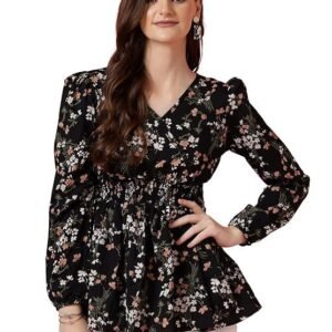 Sheetal Associates Women's Crepe Puff Sleeves Peplum Top with Floral Printed Regular Fit Full Sleeve and V-Neck Maxi Length