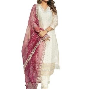 VredeVogel Women's Chanderi Silk Embroidered Kurta with Pant & Organza Dupatta Set | Casual Outfit Ethnic Kurta Set for Women | Modern & Traditional Blend Ethnic Wear