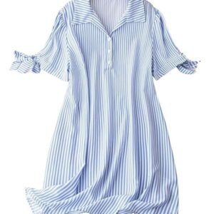Leriya Fashion Striped Shirt Style Mini Dress for Women | Collared Casual A-Line | Tunic with Tie Sleeves & Front Buttons