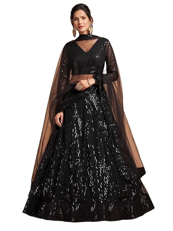 Zeel Clothing Women's Black Soft Net Sequins Embroidered Semi-Stitched New Lehenga Choli with Dupatta