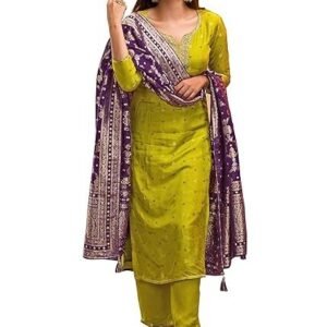 TRENDMALLS Women's Silk Embroidery Kurta Pant Set with Banarasi Dupatta