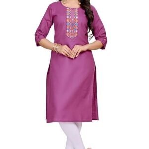 Women's Purple Embroidered Cotton Kurti, Traditional Indian Style, 3/4 Sleeve Casual Wear