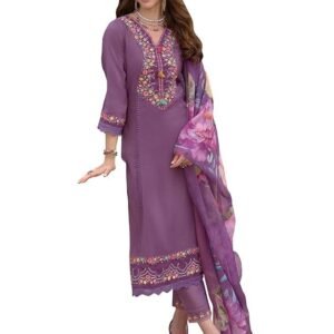 INDO ERA Women's Silk Blend Embroidered A-Line Kurta and Pant with Dupatta Set