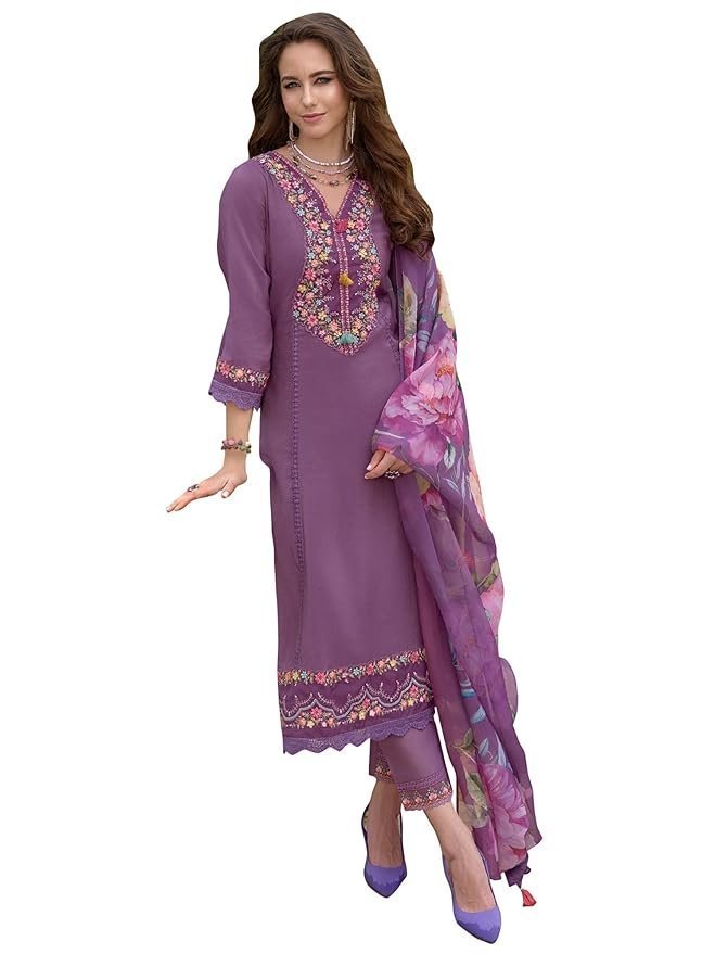 INDO ERA Women's Silk Blend Embroidered A-Line Kurta and Pant with Dupatta Set