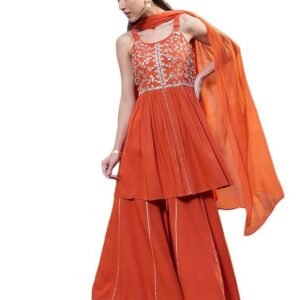 Stylum Women's Solid & Embrpodered Rayon Short Kurti Sharara Dupatta Set