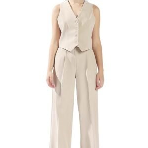 High Star Women Solid Regular Length Tailored Fit V Neck Sleeveless Waistcoat and Wide Leg Trouser Co-ord Set