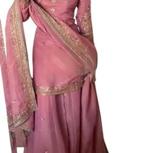 PORWAL CRAFT Women's Pure Chinnon Silk Embroidered Kurti with Sharara & Dupatta Set