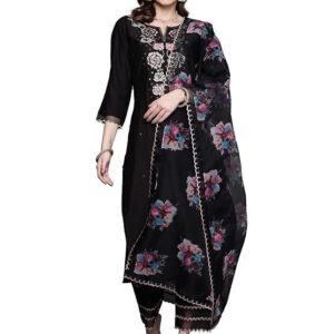 INDO ERA Women's Viscose Embroidered Straight Kurta Pant With Dupatta Set