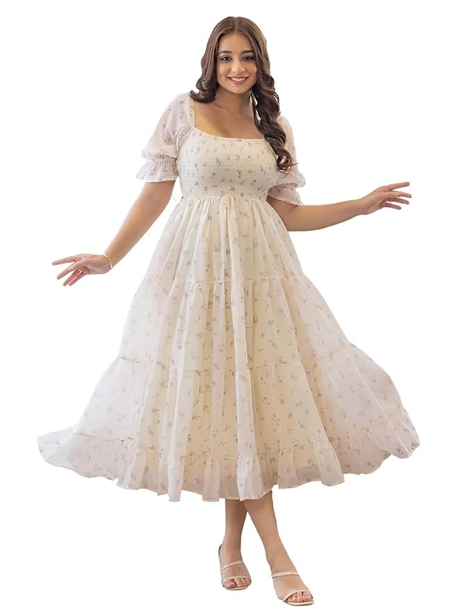 KZULLY | Dress for Women | Midi Length | Flared Hem | Puff Sleeve | Square Neck | Smocked Bodice