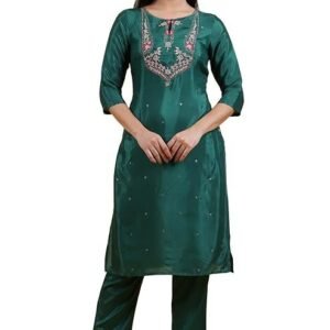W for Woman Printed Shantung Straight Kurta in Keyhole Neck