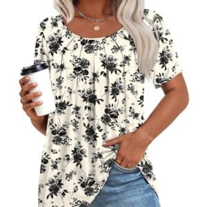 Anymeet 2023 Women's Summer Tunic Top Short Sleeve Casual Tshirts Pleated Loose Blouses for Leggings, Black Rose, XX-Large