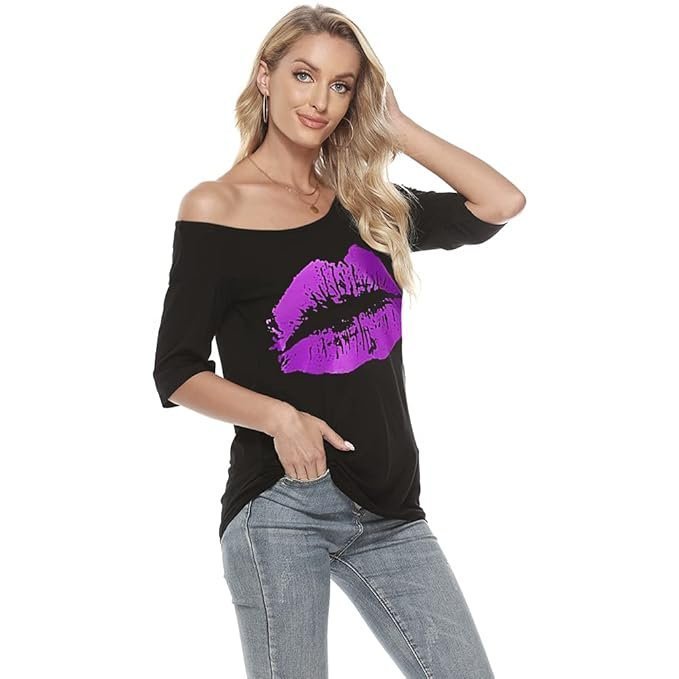 Magicmk Women Women Casual Plus Size Sexy Off Shoulder Lip Print T Shirt