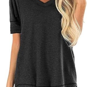 JomeDesign Summer Tops for Womens V Neck Short Sleeve T Shirts Loose Fit Side Split Tunic